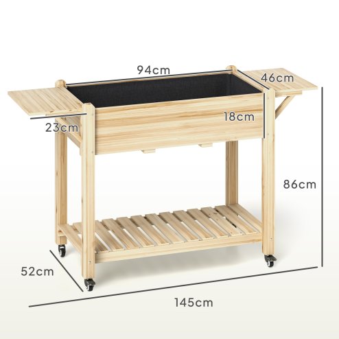 Outsunny Raised Garden Bed, Wooden Elevated Planter Box with Lockable Wheels, Side Tables and Bottom Shelf, Outdoor Planter with Liner and Drainage Holes for Vegetables, Flowers, Fruits, Natural