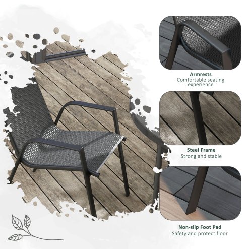 Outsunny Stackable Outdoor Chairs Set of 4, Rattan Garden Chairs with Armrests and Backrest for Deck, Grey