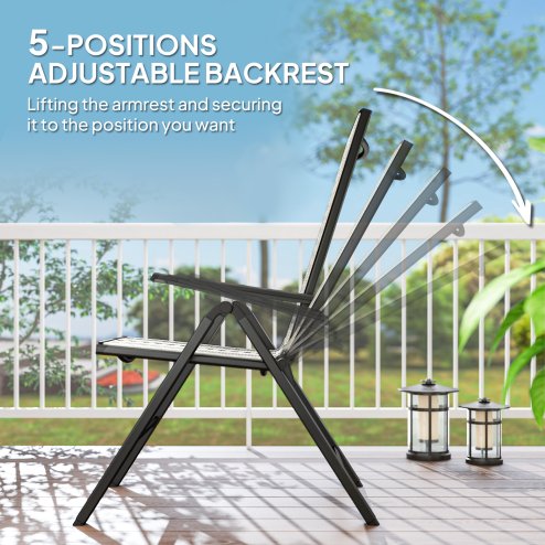 Outsunny Rattan Folding Chair Outdoor Set of 2, 5-Position Adjustable Wicker Garden Dining Chair with High Backrest, Wide Armrest, for Patio, Terrace, Balcony, Grey