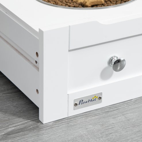 PawHut Pet Feeder Station, Dog Food Storage Container w/ Raised Dog Bowls, Hanger, for Food and Water - White