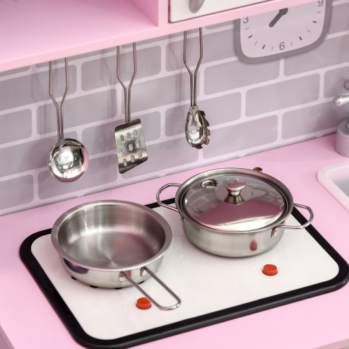 HOMCOM Children Wooden Play Kitchen w/ Lights Sounds, Kids Kitchen Playset w/ Water dispenser, Microwave, Utensils, Sink, Storage, for Ages 3-6 Years - Pink