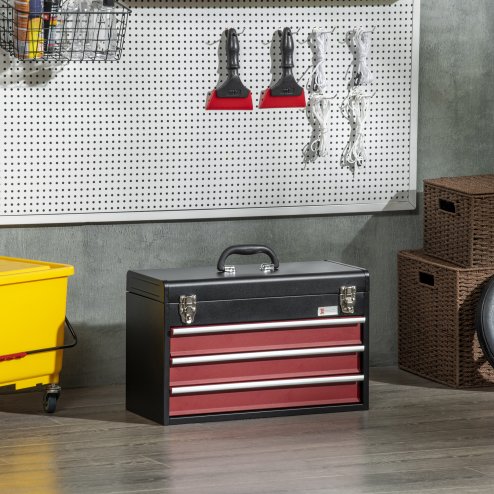 DURHAND 3 Drawer Tool Chest, Lockable Metal Tool Box with Ball Bearing Runners, Portable Toolbox, 510mm x 220mm x 320mm, Black