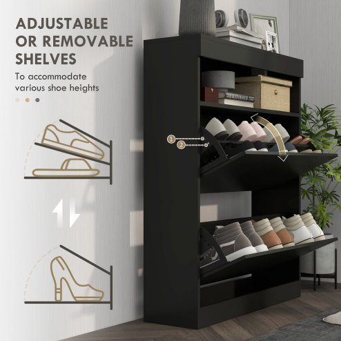 HOMCOM Narrow Shoe Cabinet, Wall Mounted or Freestanding Shoe Storage Cabinet with 2 Flip Drawers and Open Shelf for 12-16 Pairs of Shoes for Entryway, High Gloss
