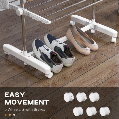 HOMCOM 4-Tier Clothes Airer, Stainless Steel Foldable Clothes Drying Rack with Wheels and Wings, Indoor and Outdoor, Easy Assembly, 142 x 55 x 172cm