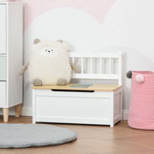 HOMCOM 2 In 1 Wooden Toy Box, Kids Seat Bench Storage Chest Cabinet Organiser w/ Safety Pneumatic Rod, 60 x 30 x 50cm - White