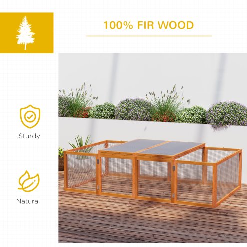 Pawhut Rabbit Run Wooden Rabbit Hutch Cage 6ft with Wire Mesh, Openable Roof, Play Space for Outdoor, 181 x 100 x 48 cm, Natural Wood Finish