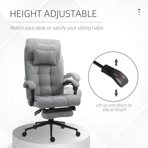 Vinsetto Office Chair Ergonomic Desk Chair, Computer Chair with Footrest & Head Pillow, 360° Swivel Recliner Chair for Home Office, Light Grey