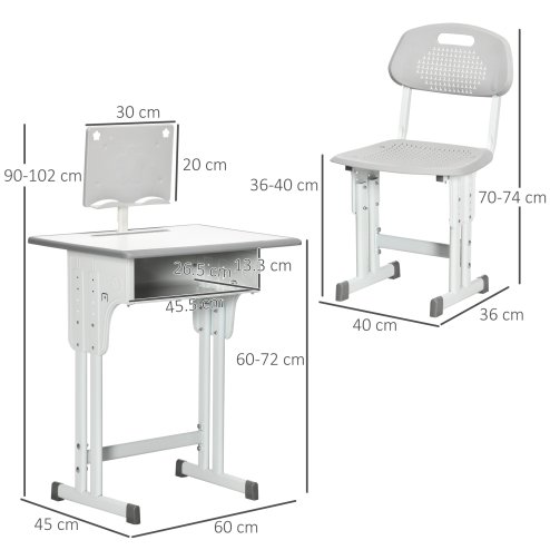 HOMCOM Kids Desk and Chair Set Adjustable Height Study Table Set w/ Drawer, Book Stand, Pen Slot - Grey