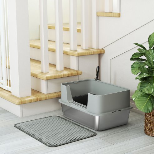 PawHut Stainless Steel Litter Box, High Sided Cat Litter Tray with Metal Scoop, Mat, Never Absorbs Odors, Anti Leakage & Easy to Clean, Pet Toilet for Big Cats, Grey