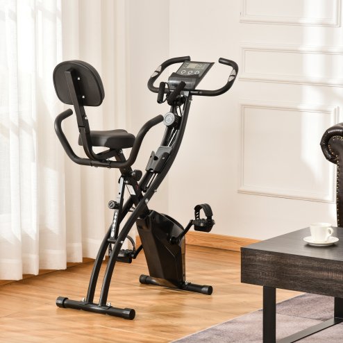 HOMCOM 2-in-1 Folding Exercise Bike, Foldable Stationary Bike with 8-Level Adjustable Magnetic Resistance, Arm Resistance Band, Pulse Sensor and LCD Monitor, Black