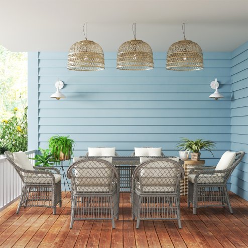 Outsunny Rattan Dining Set with Seat and Back Cushions, 6 Seater Garden Furniture Set with Aluminium Frame, 6 Chairs, WPC Top Rectangle Table, Conservatory Wicker Patio Furniture, Grey
