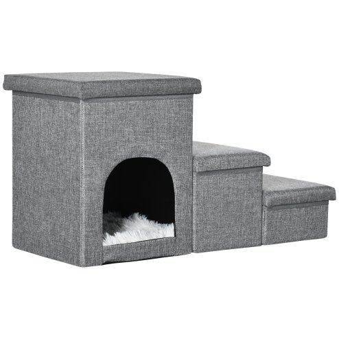 PawHut Dog Steps for Bed, 3 Step Pet Stairs with Kitten House and 2 Storage Boxes, 3 in 1 Dog Ramp for Sofa with Washable Plush Cushion, Light Grey