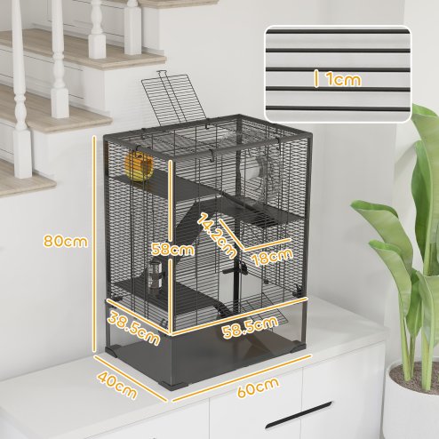 PawHut Hamster Cage with Deep Tempered Glass Bottom, 4 Tier Large Hamster Tank with Hut, Running Wheel, Platforms, Ramps, Food Dish, Water Bottle, for Syrian, Dwarf, Rats, Gerbils, 60 x 40 x 80cm