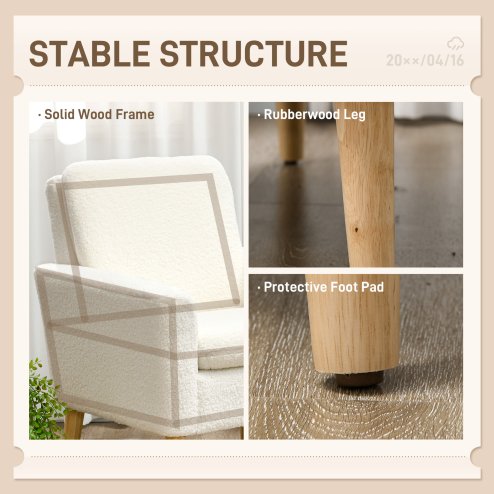 HOMCOM Armchair, Upholstered Accent Chair with Wood Legs and Wide Padded Seat, Teddy Occasional Chair, Cream White