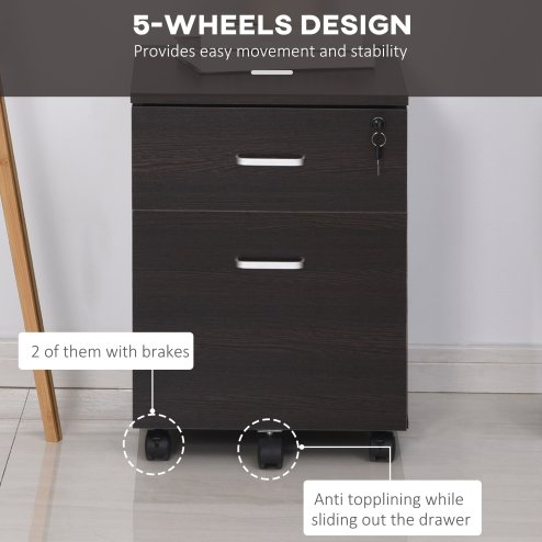Vinsetto 2-Drawer Locking Office Filing Cabinet w/ 5 Wheels Rolling Storage Hanging A4 Cupboard Home Organisation Black Wood Grain