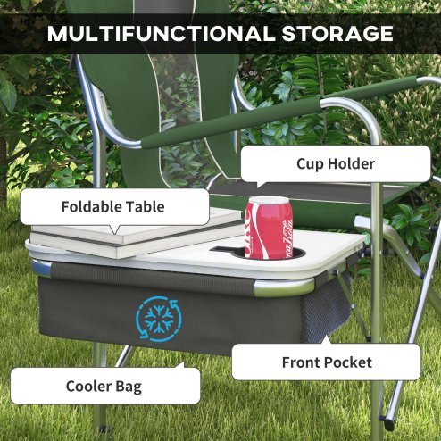 Outsunny Aluminium Directors Chair, Folding Camping Chair for Adults with Side Table, Cup Holder, Cooler Bag and Pocket, Up to 120 kg, Green
