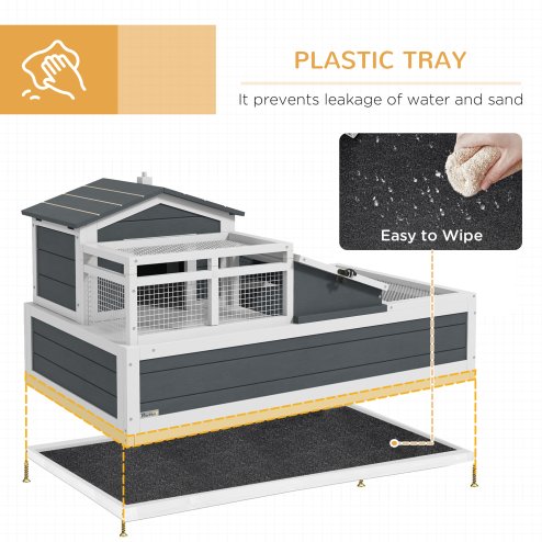 PawHut Tortoise House 3-Room Wooden Tortoise Enclosure Large Reptile Cage with 2 Stories, Ladder, Balcony, Tray, Openable Roof, 59H x 112L x 65Wcm, Grey