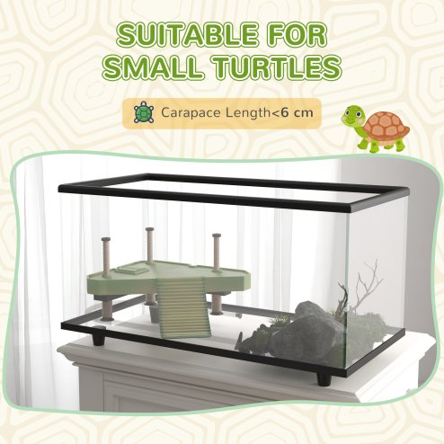 PawHut Turtle Tank, 50L Glass Turtle Aquarium with Basking Platform, Ramp, Easy Drainage, Strip Patch Thermometer, for Small Turtles, 60 x 30 x 32cm
