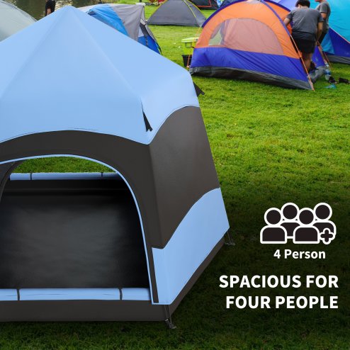 Outsunny Double Layer Pop Up Tent with Rainfly, Hexagon 4 Man Dome Tent, Portable Camping Shelter with Sewn-in Groundsheet and Carry Bag, for Festival Backpacking Road Trips, Blue