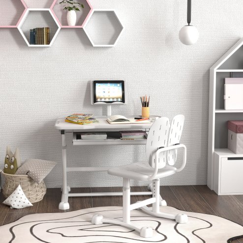 AIYAPLAY Kids Desk and Chair Set, Height Adjustable School Study Table Chair Set with Tilted Desktop, Storage Drawer, Book Stand, for Writing Reading, kids Aged 3-12 Years, Grey