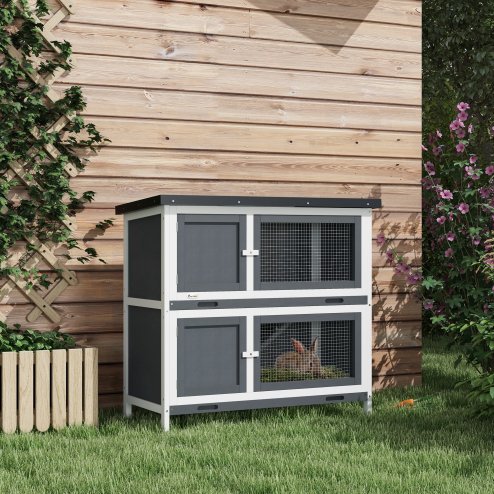 PawHut Rabbit Hutch  Guinea Pig Hutch Double Decker Pet Cage with Openable Roof, Divider, Ramp for Outdoor 100 x 47 x 91cm, Grey