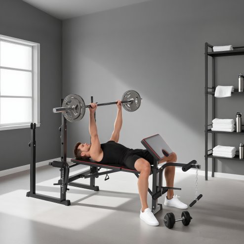 SPORTNOW Weight Bench with Bench Press Rack, Preacher Curl Bench, Leg Curl Machine, Incline or Flat Workout Bench for Home Gym Strength Training Weight Lifting