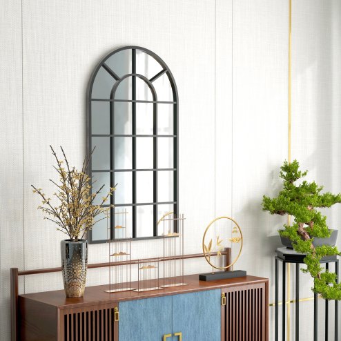 HOMCOM Modern Arched Wall Mirror, 110 x 62 cm Window Mirror for Living Room, Bedroom, Black