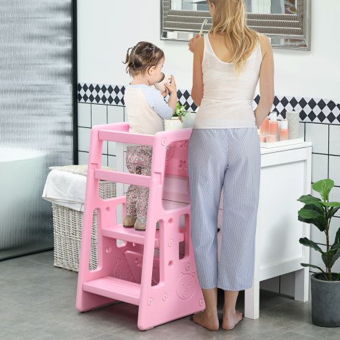 HOMCOM Kids Step Stool, Adjustable Standing Platform, Toddler Kitchen Stool , Standing Tower for Kids, Kitchen Counter with Three Adjustable Heights - Pink