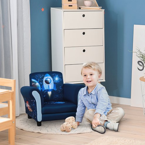HOMCOM Kids Armchair Toddler Chair Space Rocket Wood Frame Thick Padding High Back Armrest Anti Slip Feet Blue for 3-5 Yrs