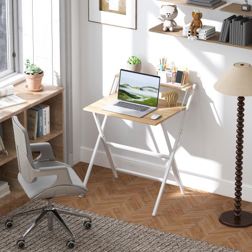 HOMCOM Folding Desk with Monitor Shelf, 70 cm Foldable Computer Desk for Small Spaces, Space Saving Writing Table Workstation for Home Office, Study, Easy Assembly
