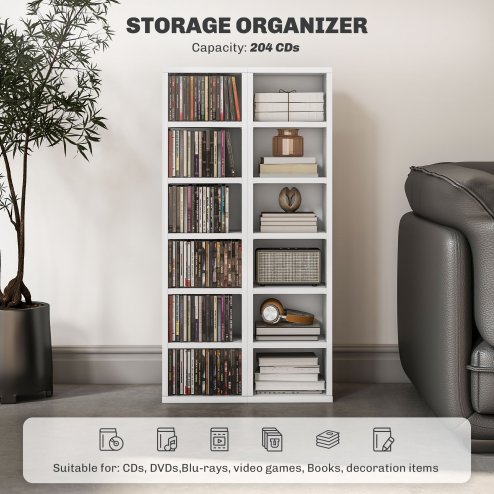 HOMCOM 204 CD Media Display Shelf Unit Set of 2 Blu-Ray Tower Rack w/ Adjustable Shelves Bookcase Storage Organiser, High Gloss White