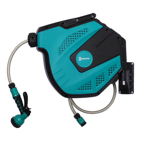 DURHAND 15m Garden Hose Reel Wall Mounted Auto Rewind with 7 Patterns Spray Nozzle, Includes Wall Fixings