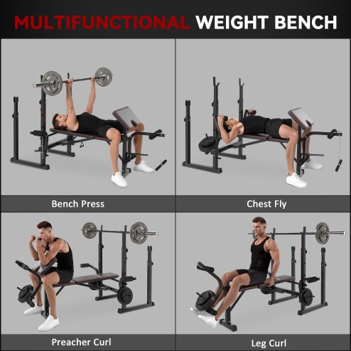 SPORTNOW Weight Bench with Bench Press Rack, Preacher Curl Bench, Leg Curl Machine, Incline or Flat Workout Bench for Home Gym Strength Training Weight Lifting