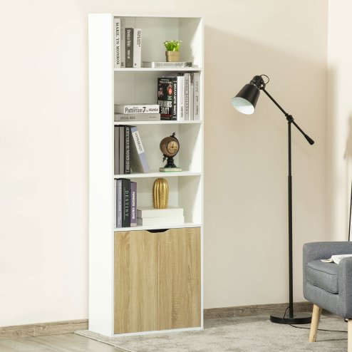 HOMCOM 6-Tier Tall Bookcase, Bookshelf with 4 Open Shelves and Double Door Storage Cabinet, Freestanding Display Rack for Living Room, Bedroom, Home Office, Study, 59 x 29 x 180cm