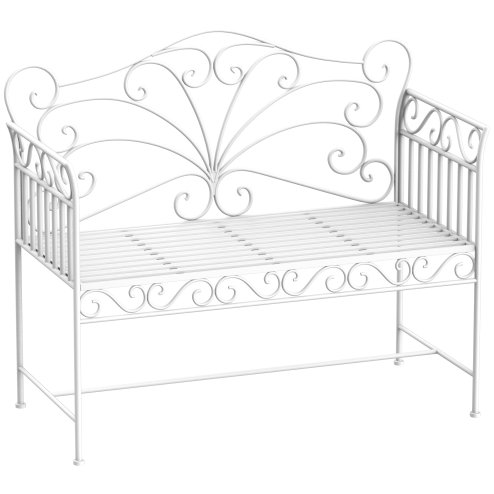 Outsunny Garden 2 Seater Metal Bench Park Seating Outdoor Furniture Chair w/ Decorative Backrest White