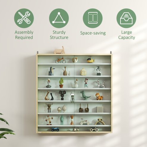 HOMCOM 7-Tier Wall Mounted Display Cabinet, Display Case with 6 Adjustable Shelves, Glass Doors for Home Office Ornaments 83x80cm, Oak