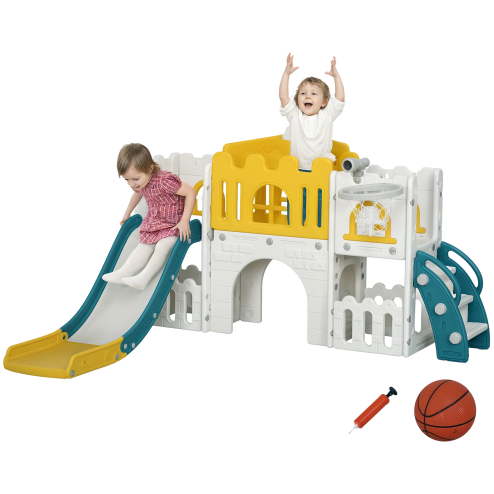 AIYAPLAY Kids Slide, 7 in 1 Toddler Slide for Indoor Use, with Basketball Hoop, Climber, Telescope, Tunnel, Steering Wheel, platform Aisle, Storage Basket, for Ages 1-3 Years, Yellow