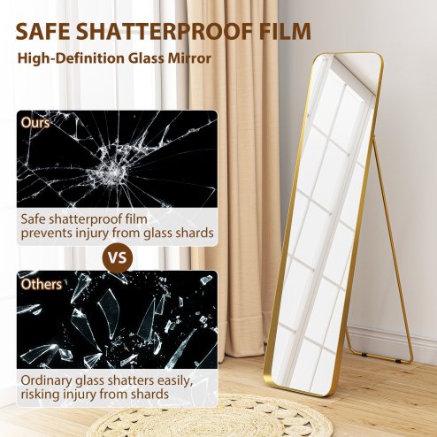 HOMCOM Full Length Mirror, 40 x 160 cm, Rectangular Full Body Mirror with Curved Corners for Bedroom, Living Room, Cloakroom, Floor Standing or Leaning Against Wall, Gold Tone