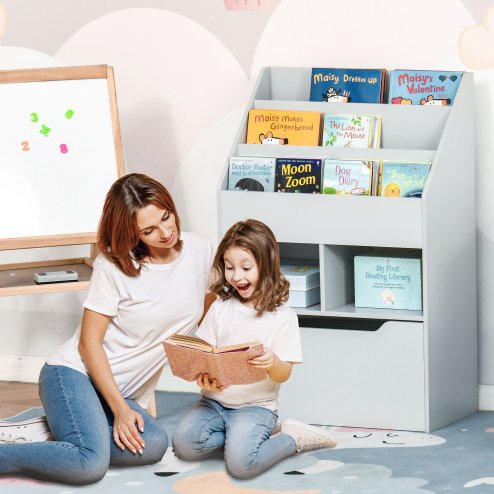 HOMCOM Kids Bookshelf with Storage Drawer, Children's Bookcase with Wheels, Toy Organiser for Bedroom, Playroom - Grey