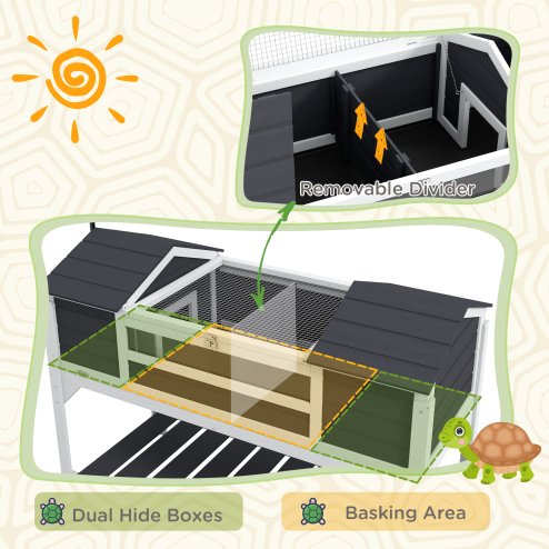 PawHut Tortoise House, Wooden Tortoise Enclosure with Adjustable Lamp Holder, Tortoise Table with Openable Lid, Dual Main Houses, Storage Shelf, Basking Area, Fixed Tray - Grey