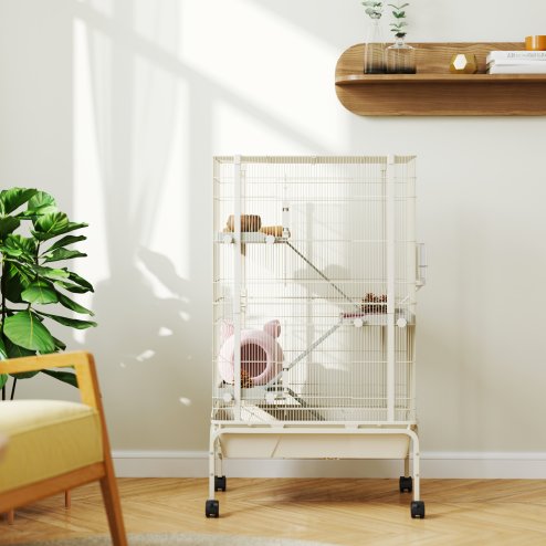 PawHut Rolling Rabbit Cage, 4 Level Rolling Rat Cage with 3 Ramps, Water Bottle, Food Dish, 15cm Deep Tray for Easy Cleaning, Small Pet Cage for Ferrets, Chinchillas, Squirrel, Syrian, Beige