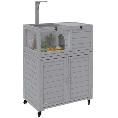 PawHut Tortoise House with Storage Cabinet, Wooden Tortoise Enclosure with Lamp Holder, Openable Top, Transparent Windows, Turtle Habitat for Indoor, Light Grey