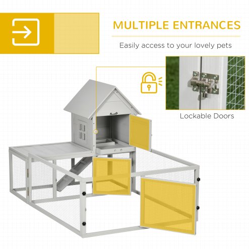 PawHut Wooden Rabbit Hutch with Run Large Guinea Pig Cage, Small Animal House for Indoor with Tray, 151.5 x 106 x 97cm, Light Grey