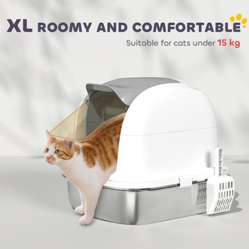 PawHut Stainless Steel Cat Litter Tray with Lid, High-Sided XL Enclosed Metal Litter Box for Big Cats with Scoop, Flip-Cover, Easy Clean