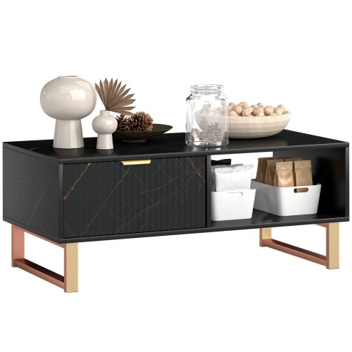 HOMCOM Marble-Effect Coffee Table with Storage, Living Room Table with Drawer and 2 Open Shelves, Modern Centre Table with Fluted Door, Black