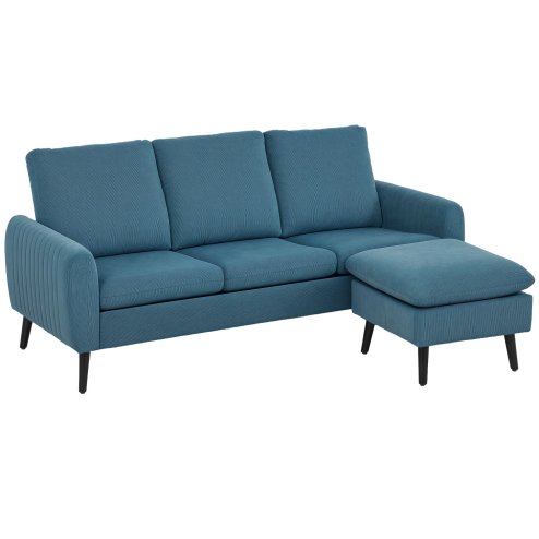 HOMCOM 3 Seater Sofa with Ottoman, 196cm Corduroy L-shaped Sofa Couch with Scatter Back, Reversible Chaise Lounge for Living Room, Home Office, Small Spaces, Blue