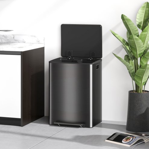 HOMCOM Dual Kitchen Bin, 2 x 30L Stainless Steel Double Pedal Bin with Soft-Close Lid, Removable Inner Buckets and Handles for Recycling and Waste