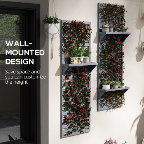 Outsunny Set of 2 Wall Mounted Plant Stand with Trellis, 170cm Wooden Plant Rack with Hanging Planter Shelves and Slatted Trellis for Climbing Plants, for Patio, Balcony, Porch, Grey