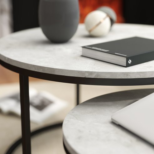 HOMCOM Nest of Tables, Round Coffee Table Set of 2,  Coffee Tables with Steel Frame for Living Room, Marble Grey