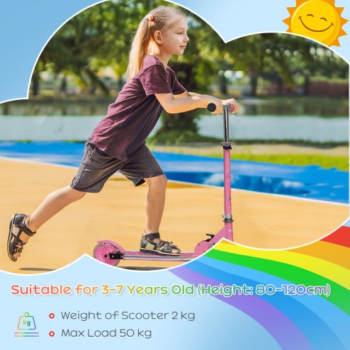 HOMCOM Kids Scooter with Lights, Music, Adjustable Height, Foldable Frame, LED Wheels, for Ages 3-7 Years - Pink